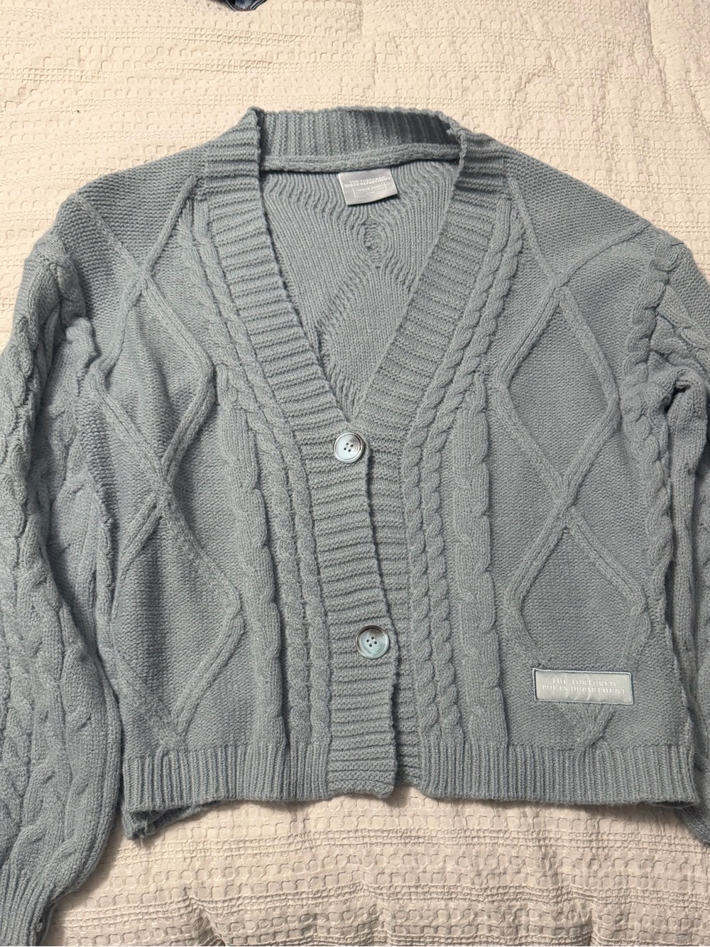 Taylor Swift Light Blue Cable Knit V-Neck Cardigan Sweater - The Tourtured Poet